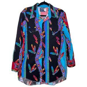 Vintage Wrangler Cowboy Cut Western Shirt X-Long Tails Aztec Tribal Feather RARE